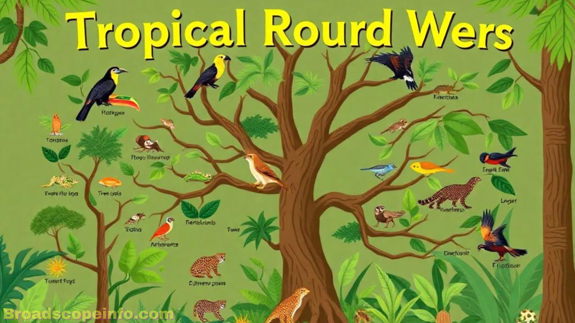 tropical rainforest food web with 20 organisms